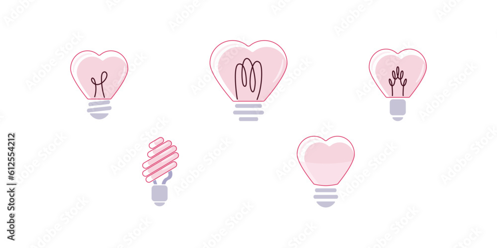 Pięć różnych żarówek w kształcie serca. Różowe żarówki w minimalistycznym stylu. Elementy dekoracyjne na walentynki. - obrazy, fototapety, plakaty 