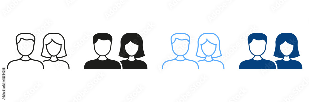 Woman and Man Line and Silhouette Icon Set. Couple of Female and Male Pictogram. Human Portrait. Business Staff, People Portrait Black and Color Symbol Collection. Isolated Vector Illustration