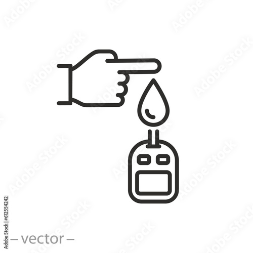 hand with drop blood, sugar test icon, thin line symbol - editable stroke vector illustration
