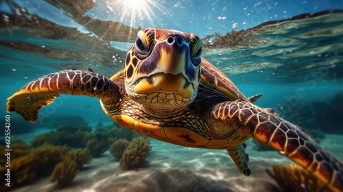 Portrait of a sea turtle swimming underwater in the ocean  underwater world. Generative AI