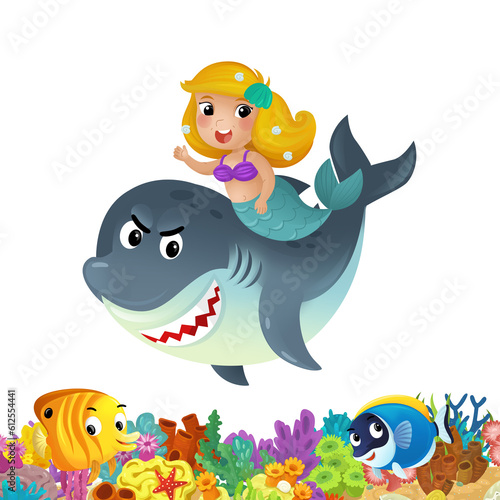 cartoon scene with coral reef and happy fishes swimming near mermaid isolated illustration for children