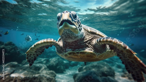 Portrait of a sea turtle swimming underwater in the ocean  underwater world. Generative AI