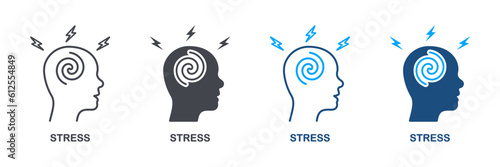 Exhausted Stressed Brain and Human Head Silhouette and Line Icon Set. Stress, Migraine, Dizzy, Anxiety, Depression Pictogram. Headache, Tension Symbol Collection. Isolated Vector Illustration