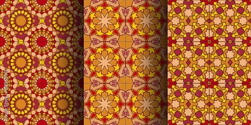 Pattern with floral and geometric set. Geometric morocco design. Hot colors seamless ornament.