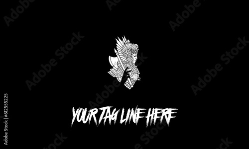 Vector illustration of the female warrior with a helmet and an axe in her arm at the top of the text