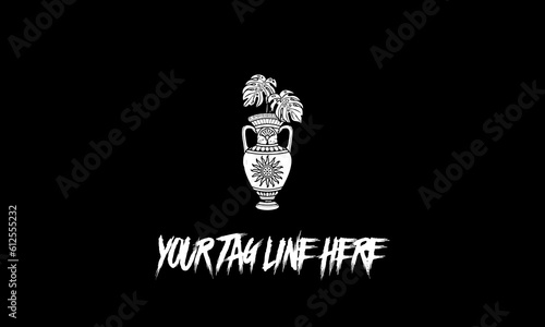 Vector illustration of a vase with a sun pattern on it and two leaves of a plant in it