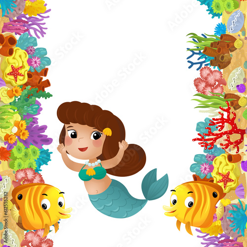 Fototapeta Naklejka Na Ścianę i Meble -  cartoon scene with coral reef and happy fishes swimming near mermaid isolated illustration for children