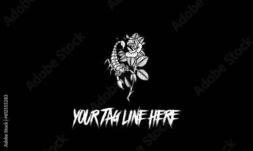 Vector of a logo sketch in a shape of a scorpion with floral ornaments and space for text