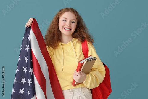 Female student with USA fla...