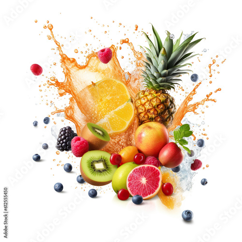 Colorful tropical fruit with juice splashing  on white background. Generative AI