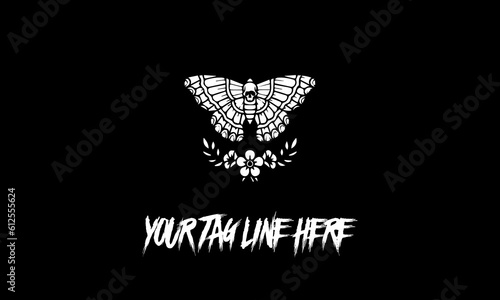 Digital emblem with a white butterfly and flowers isolated on a black background.