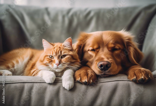 A dog and a cat sleeping