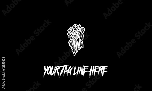 Vector logo of a scary ghost character with a space for the tagline on a black background