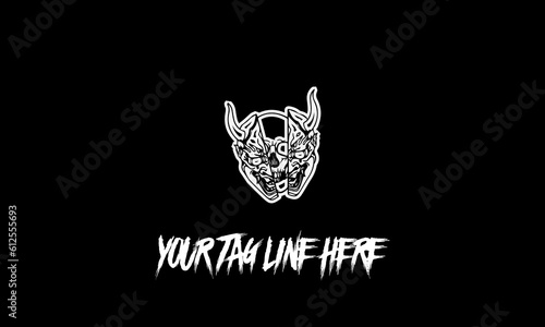 Editable skull hannya mask vector logo with a space for the tagline on a black background