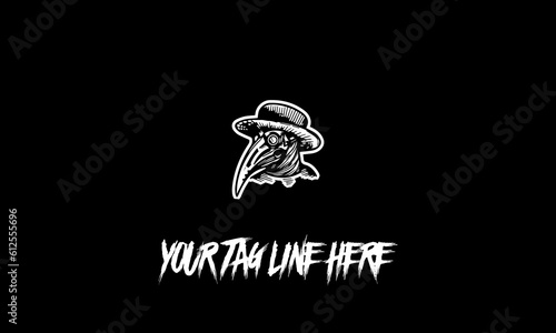 Vector logo of a plague doctor mask with a space for the tagline on a black background