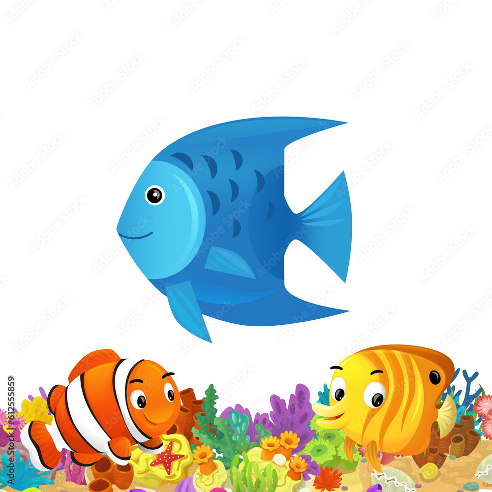 Naklejka premium cartoon scene with coral reef and happy fishes swimming near isolated illustration for children