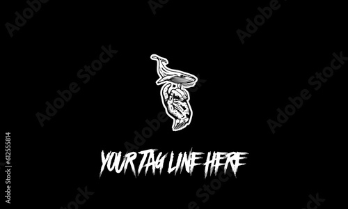Editable vector logo of a skull hand holding a whale on a black background