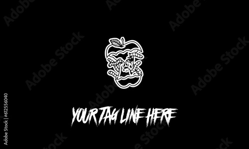Vector illustration of a rotten apple icon and an editable tagline on a black background