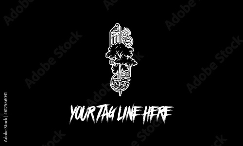 Vector of a unique icon with trees and a bird and a tag line on a black background