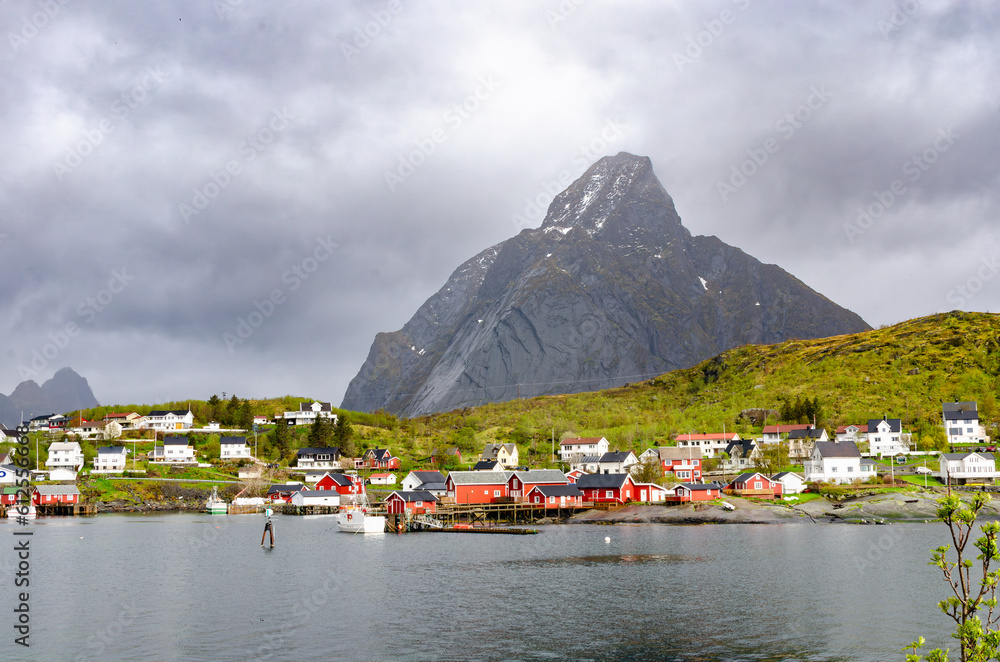 A beautiful bay village in Norway. Mountain scenery for picture-perfect location.