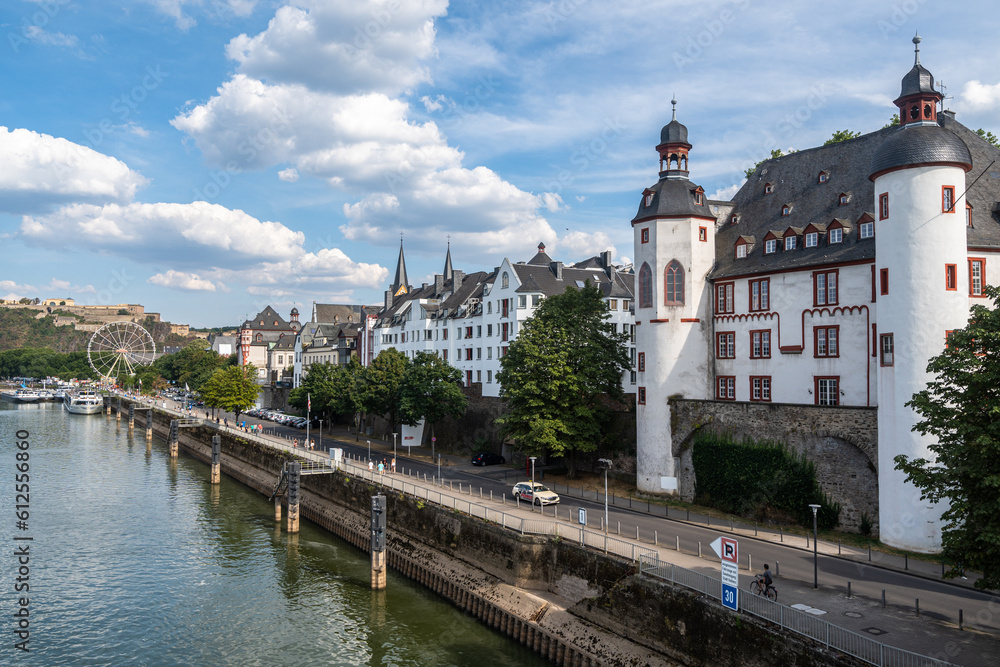 Old buildings lined along Moselle River in Koblenz, Rhineland-Palatinate.. Koblenz, Germany, Aug. 2022