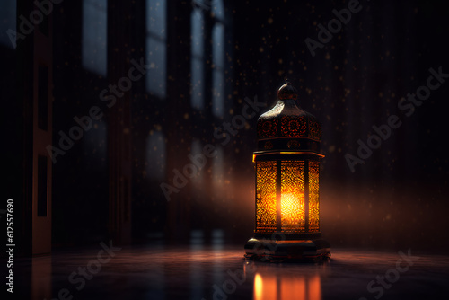 Radiant Ramadan lantern in a dark room with a dark and blurry image behind it, generative ai