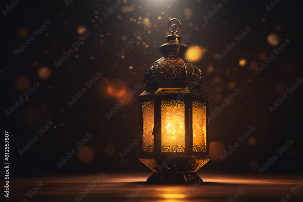 Radiant Ramadan lantern in a dark room with a dark and blurry image behind it, generative ai Radiant Ramadan lantern in a dark room with a dark and blurry image behind it, generative ai