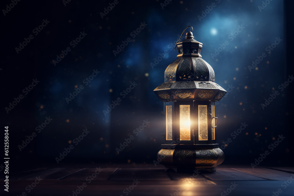 Radiant Ramadan lantern in a dark room with a dark and blurry image behind it, generative ai Radiant Ramadan lantern in a dark room with a dark and blurry image behind it, generative ai