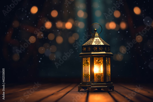 Radiant Ramadan lantern in a dark room with a dark and blurry image behind it, generative ai