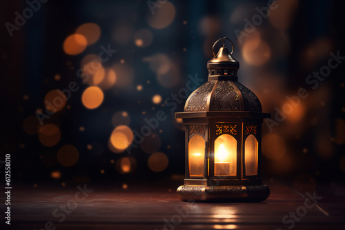 Radiant Ramadan lantern in a dark room with a dark and blurry image behind it, generative ai © MUS_GRAPHIC