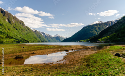 Beautiful view of Norwegian mountains on a clear sunny day with river full of fish. Super green scenery idyllic nature just like a postcard.