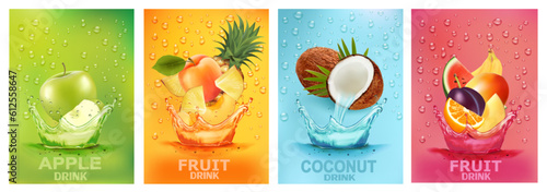 Fresh fruits drink splashing together- pear, apple, plum, apricot, cococnut, mango, pinrapple, banana, orangre juice drink splashing. 3d fresh fruit. Vector illustration © ecco