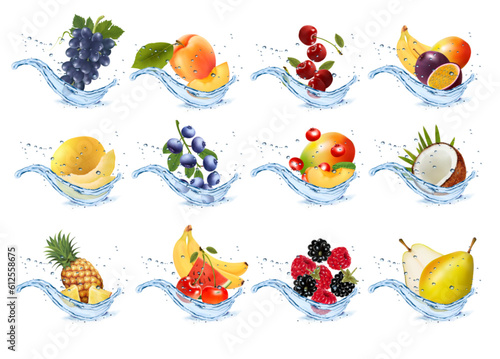 Fototapeta Naklejka Na Ścianę i Meble -  Set of fruits and vegetables in water splashes. Apricot, watermelon, cherry, raspberry, blackberry, coconut, pear, sweet melon, pineapple, strawberry in water splash and drops. Vector illustration.
