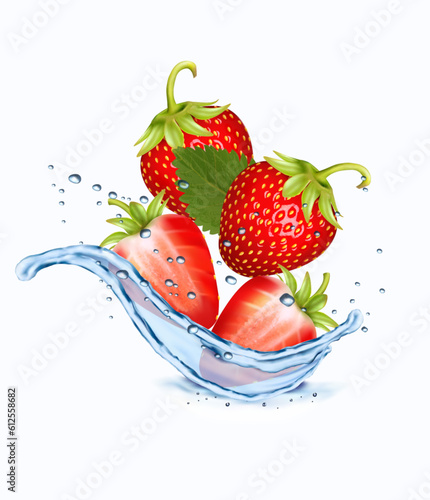Fresh strawberries in water splash and drops. 3D fresh berries falling into the water. Vector illustration.