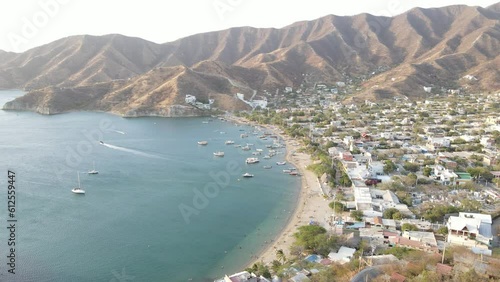 Drone view of the sea surrounded by a resort area in Taganga, Santa Marta, Colombia photo