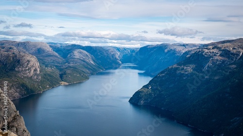 Landscape of Lysefjord green mountaons Fjord in Norway with cloudy sky