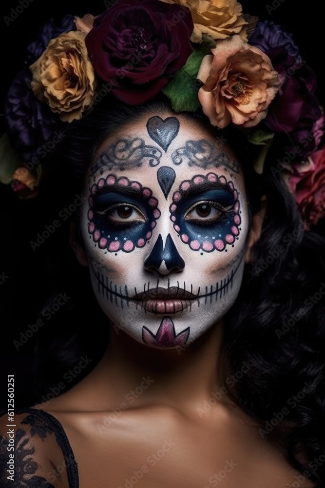Dia de los muertos, Mexican holiday of the dead and halloween. Woman with sugar skull make up and flowers. Generative AI Dia de los muertos, Mexican holiday of the dead and halloween. Woman with sugar skull make up and flowers. Generative AI