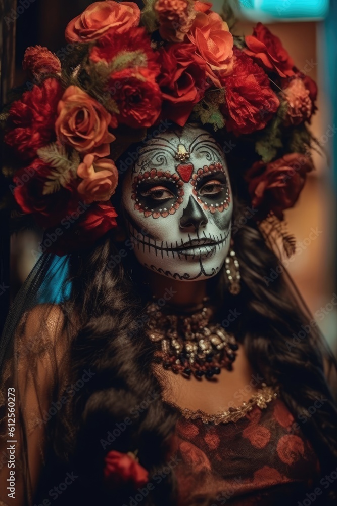 Dia de los muertos, Mexican holiday of the dead and halloween. Woman with sugar skull make up and flowers. Generative AI