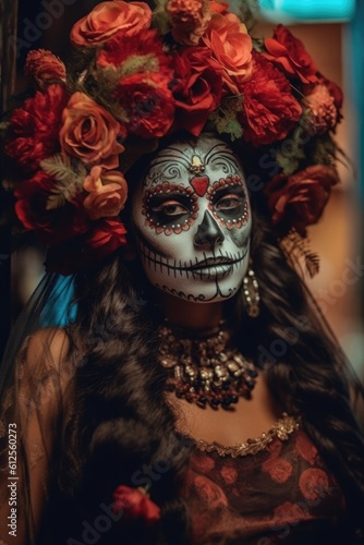 Dia de los muertos, Mexican holiday of the dead and halloween. Woman with sugar skull make up and flowers. Generative AI