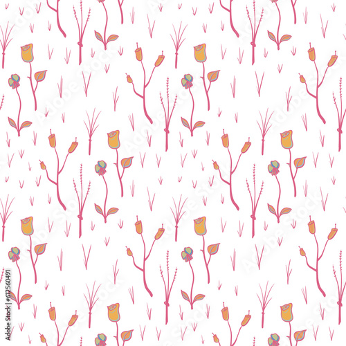 Seamless Pattern with Dainty Eclectic Pink and Yellow Flowers, Plants and Grass