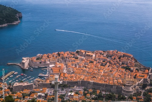 Drone cityscape view of a town and harbor by the sea in Dubrovnik, Croatia