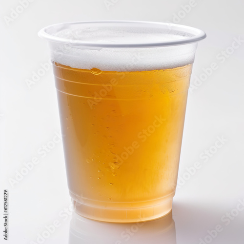 Beer in plastic disposable cup on white background, digital AI render