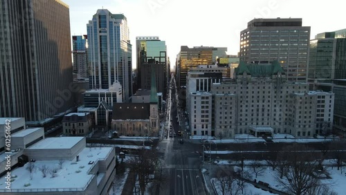 Aerial of the snowy Ottawa cityscape on a sunny day on the winter season under the blue sky photo