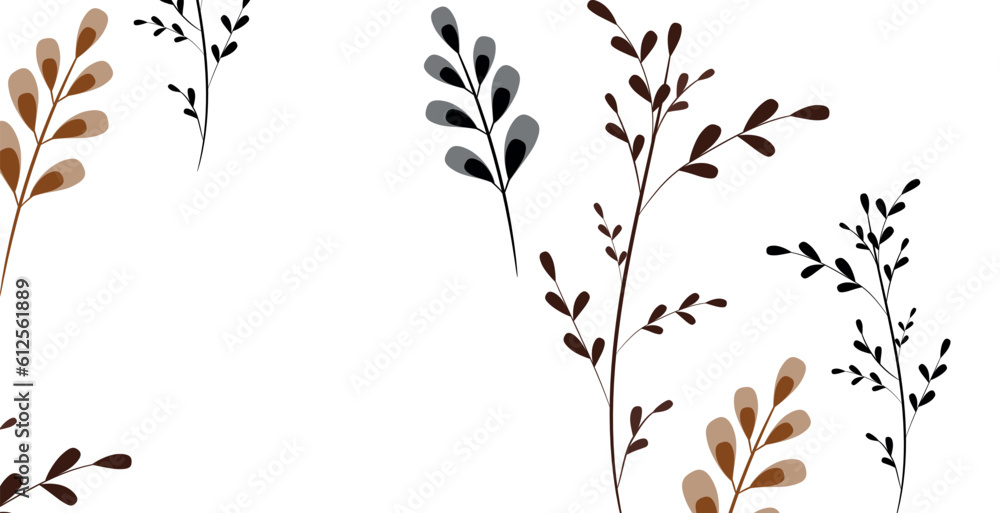 Pattern with twigs and leaves. Batanika. black and white background