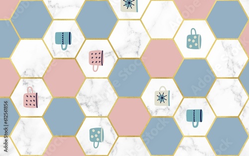 Illustration of colorful honeycomb patterns isolated on a white marble background