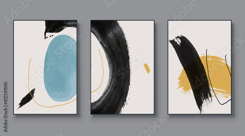 Illustrated design of three abstract colorful paintings hung on a gray wall