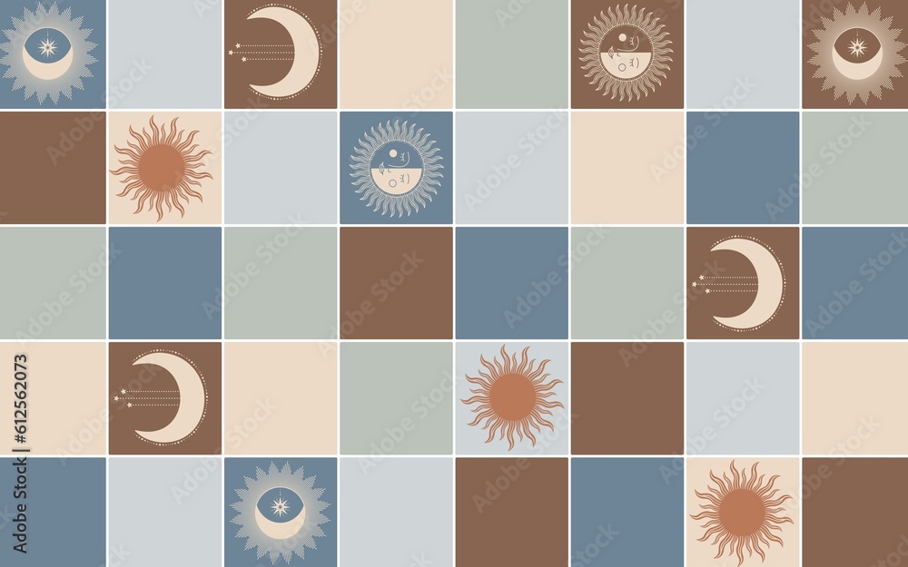 Illustration of colorful squares with the sun and moon in some of them