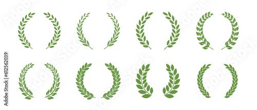 Vector green laurels set. Circular foliate laurels branches. Laurel wreath silhouette. Trophy crest. Greek olive branch award, winner round emblem