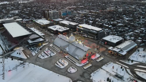 Aerial of the snowyLansdowne Park and the illuminated Christmas Market in Ottawa on a winter day photo