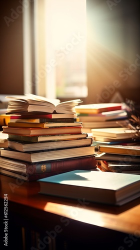 A stack of school books in a classroom on a desk. Generative AI. 
